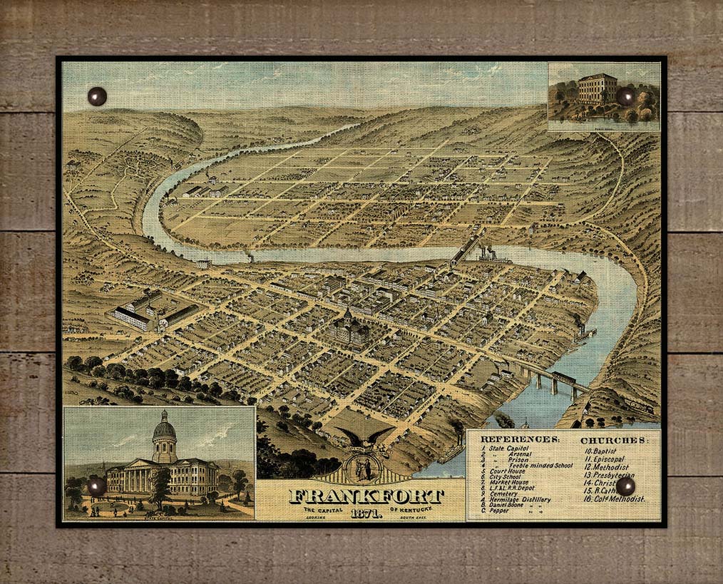 1871 Frankfort Kentucky Birds Eay Map - Board Mounted Canvas Print