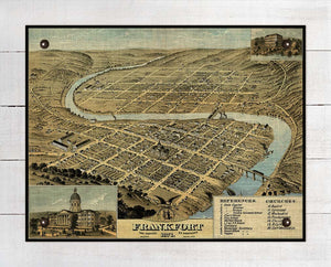 1871 Frankfort Kentucky Birds Eay Map - Board Mounted Canvas Print