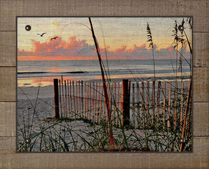 Sea Oats And Fence At Dawn - Board Mounted Canvas Print